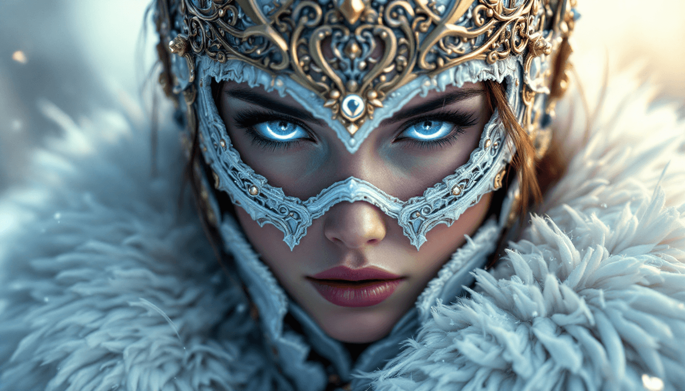 AI generated: Close-up portrait of a female warrior, wearing intricate white and gold ornate armor, featuring a ma...