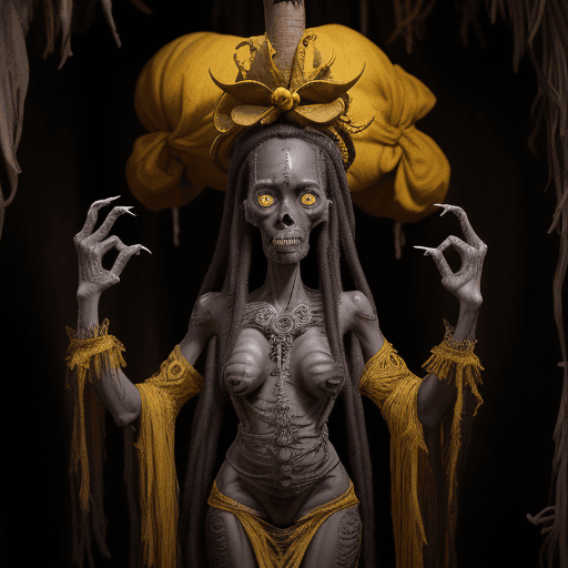 AI generated: A voodoo priest in the creepy hut, with dark complexion skin, yellow eyes, symmetrical features, cre...