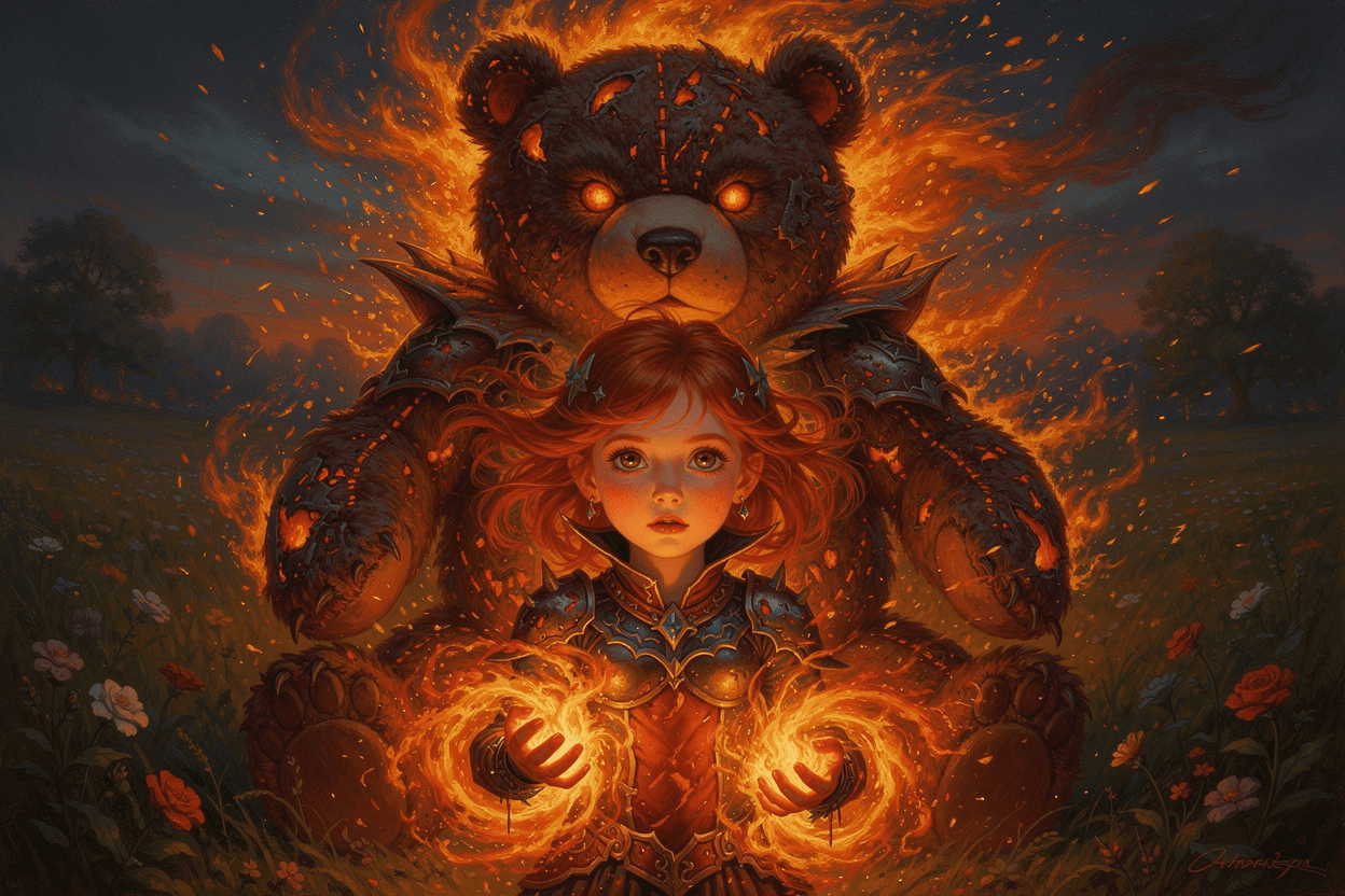 AI generated: Character of the game, villainess Annie is a child firemage with immense pyromantic power, summoning...