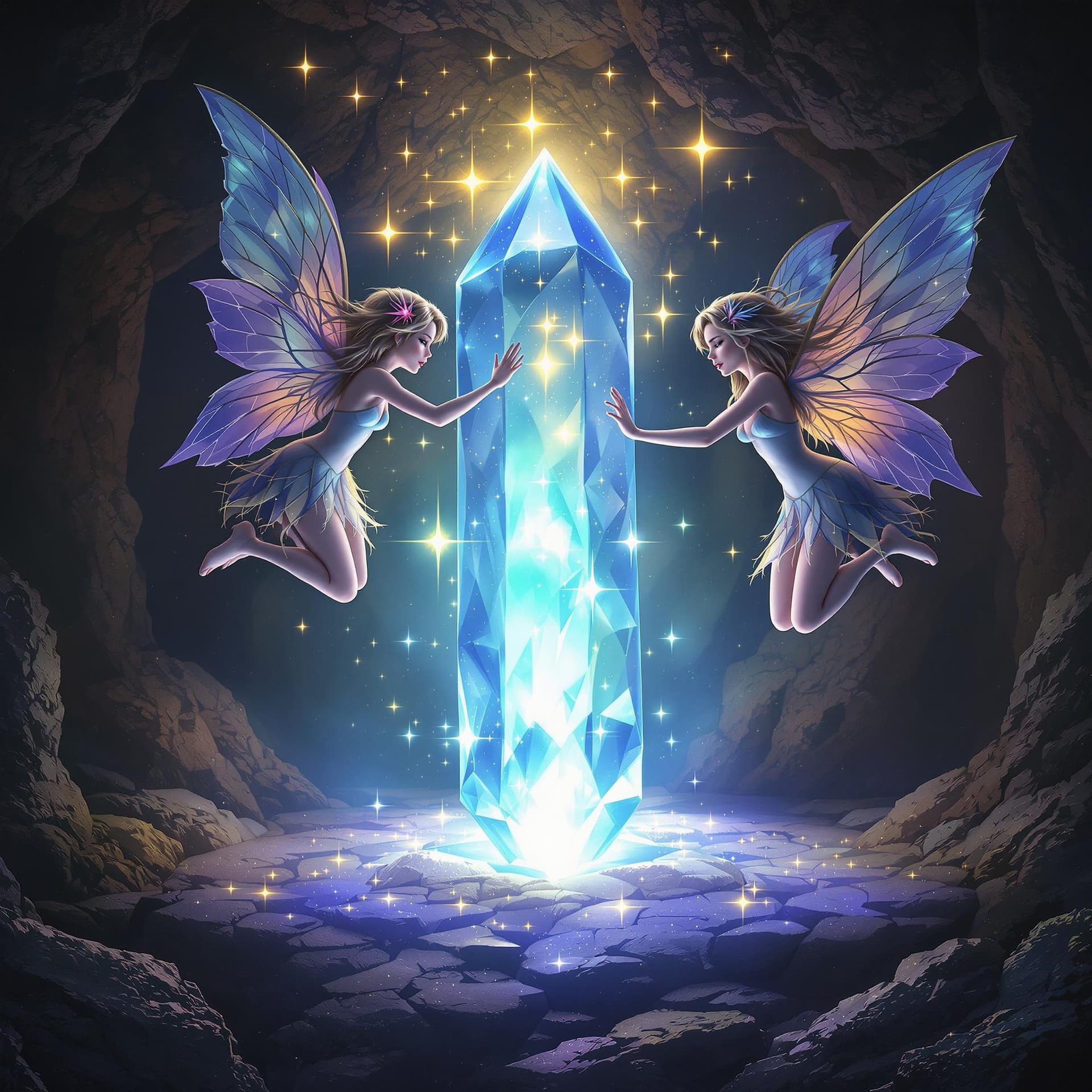 AI generated: Two beautiful pixies that appear to float around an illuminated Crystal in a cavern setting.
