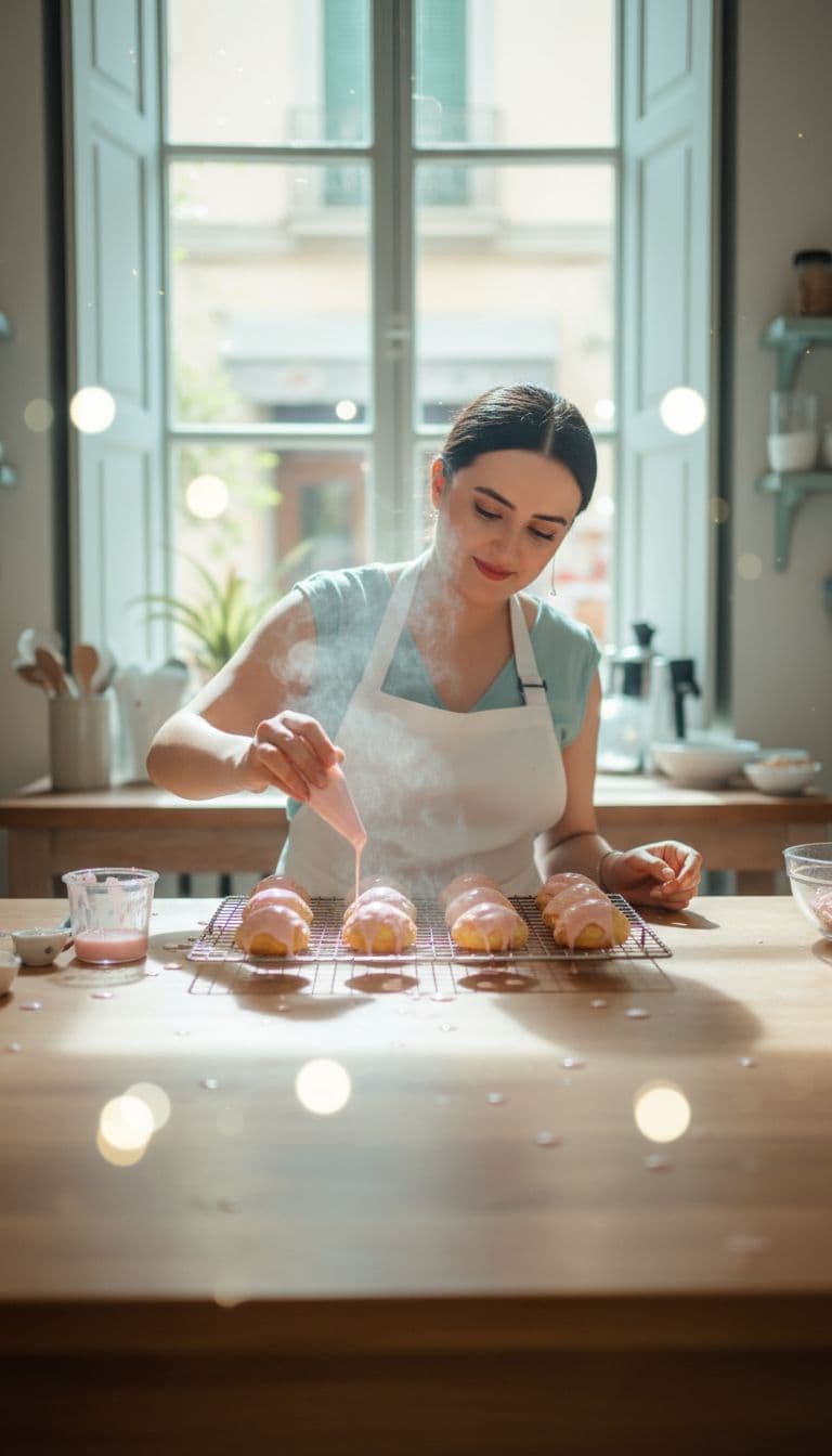 AI generated: Cinematic shot of female pastry chef at her table, camera slightly above, steam and glaze reflection...
