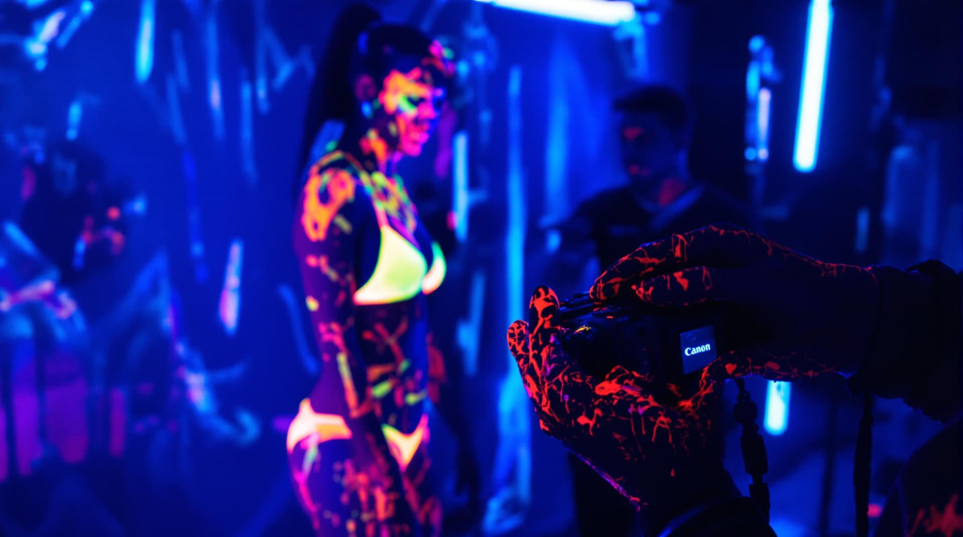 AI generated: A photorealistic scene of a woman in bright neon underwear being painted with bright neon body paint...