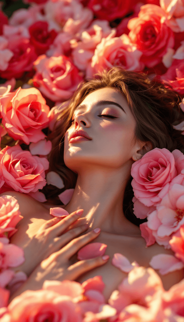 AI generated: A serene and visually captivating scene of a **woman resting peacefully** in a bed of **lush, velvet...