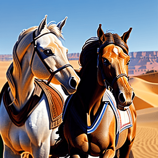 AI generated: Two horses in Morocco.
Riding On the first horse: Macgyver from the tv show. Riding On the second ho...