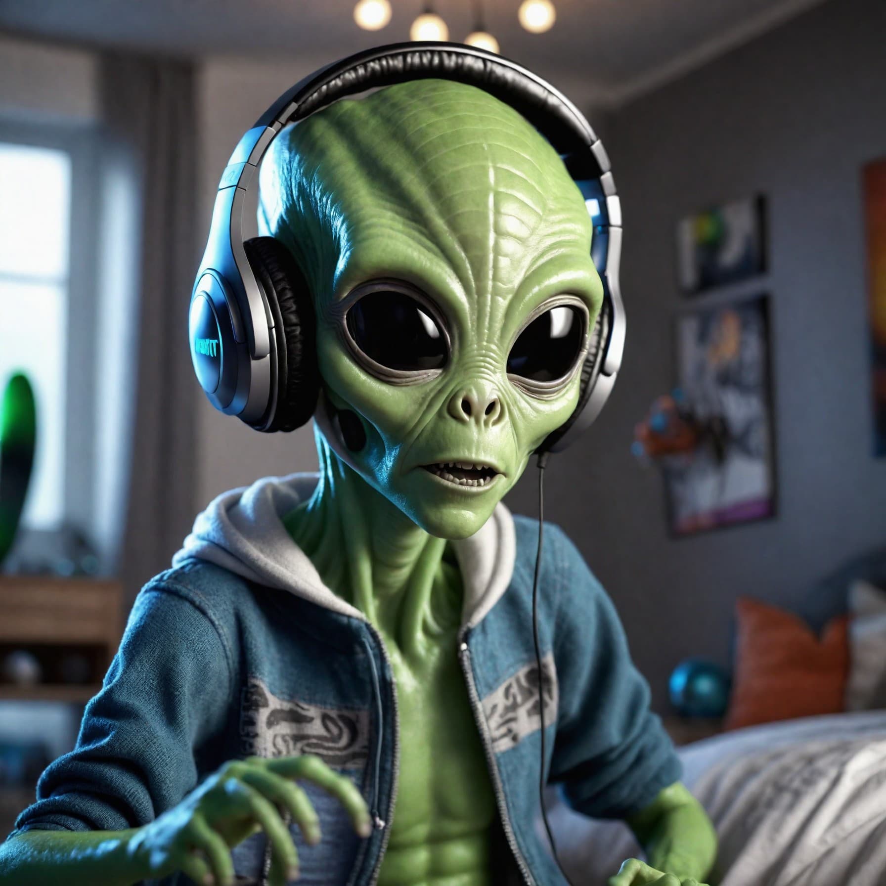 AI generated: an adorable alien wearing headphones and listening to music, dancing, rocking out alone in his room,...