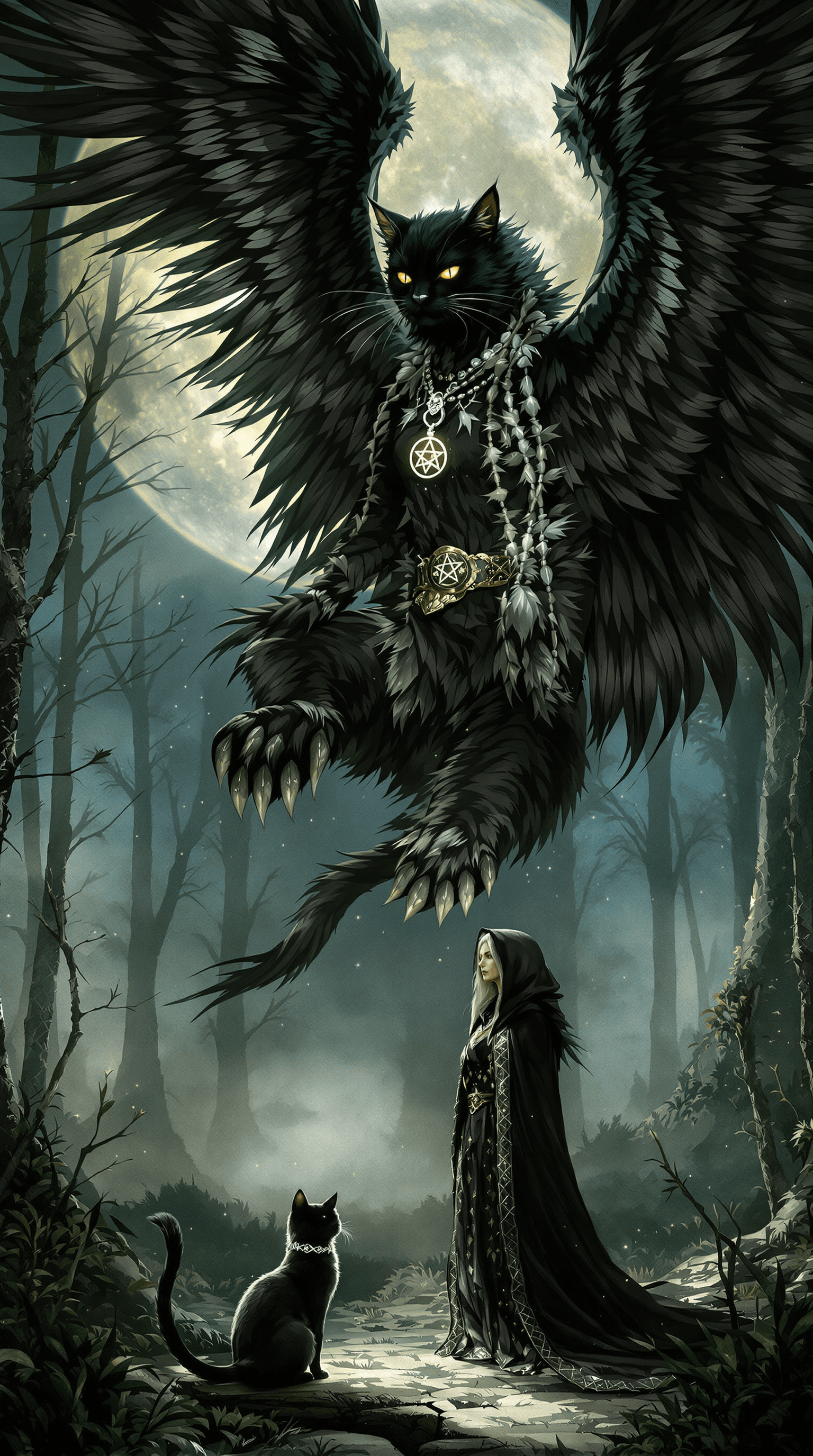 AI generated:     Overall Scene: A witch stands in a moonlit clearing, her familiar, a large black cat, is undergo...