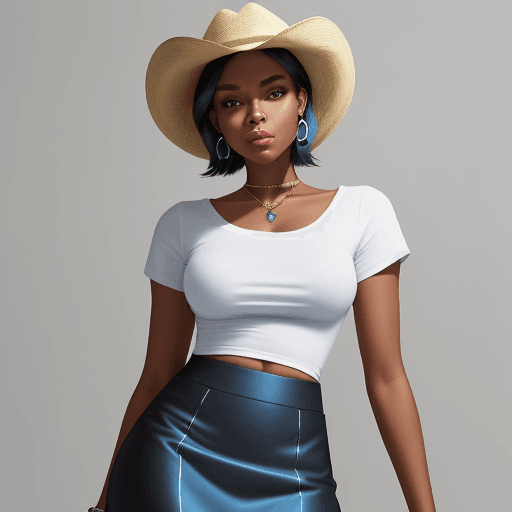 AI generated: Create an image of an elegant black woman with perfectly groomed skin. She is wearing a short blue s...