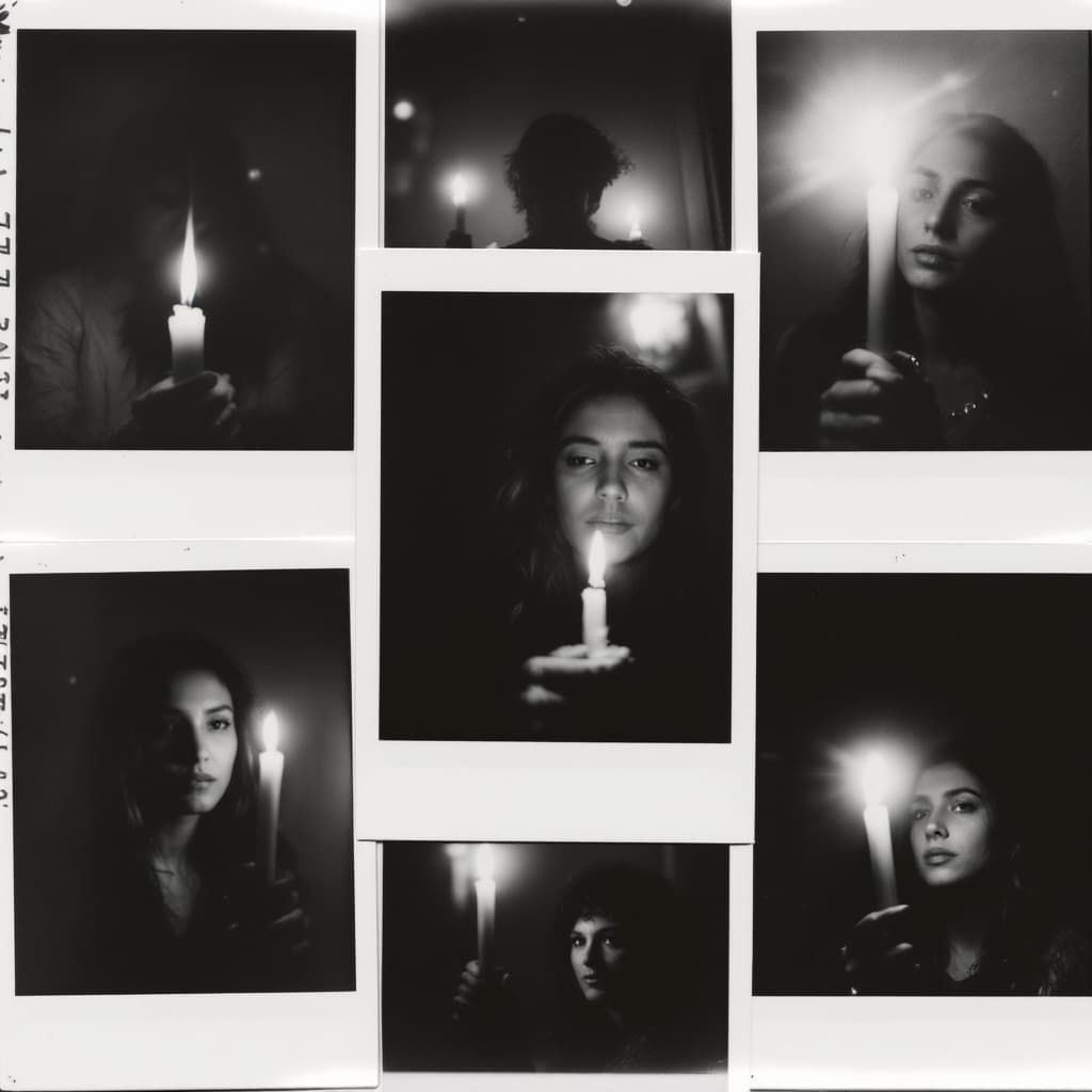 AI generated: A collage of Polaroid photos, Candlelight portraits showing different angles and zooms, black and wh...