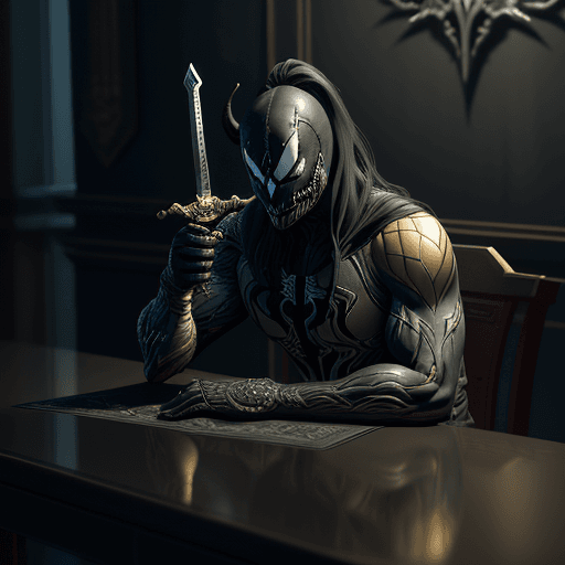 AI generated: sword on the table with the design and character of venom The sword is gold and grey dark, no waterm...
