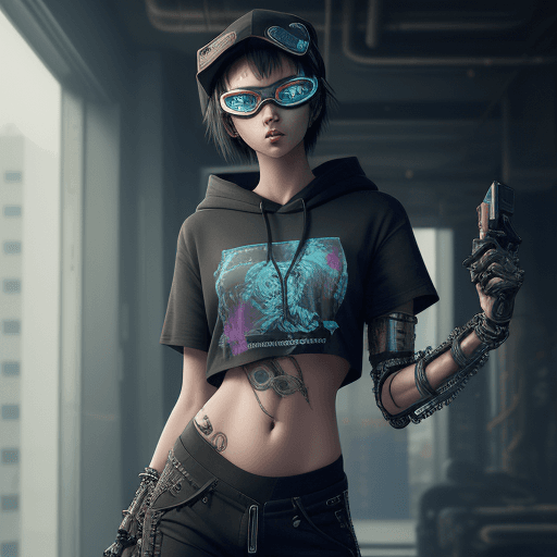 AI generated: biomechanical cyberpunk beautiful young, thin, fit, short messy hair, intrincate details, baggy pant...