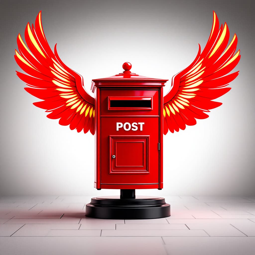 AI generated: Generate a Post Box Image in red colour
with wings look like digital image