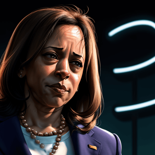 AI generated: image of kamala harris, she is crying because she lost the election, the word "JOY" is in a neon sig...