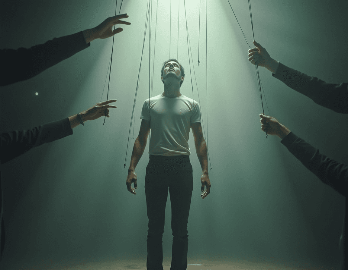 AI generated: "A surreal theatrical scene of a normal human figure with thin, nearly invisible strings attached to...