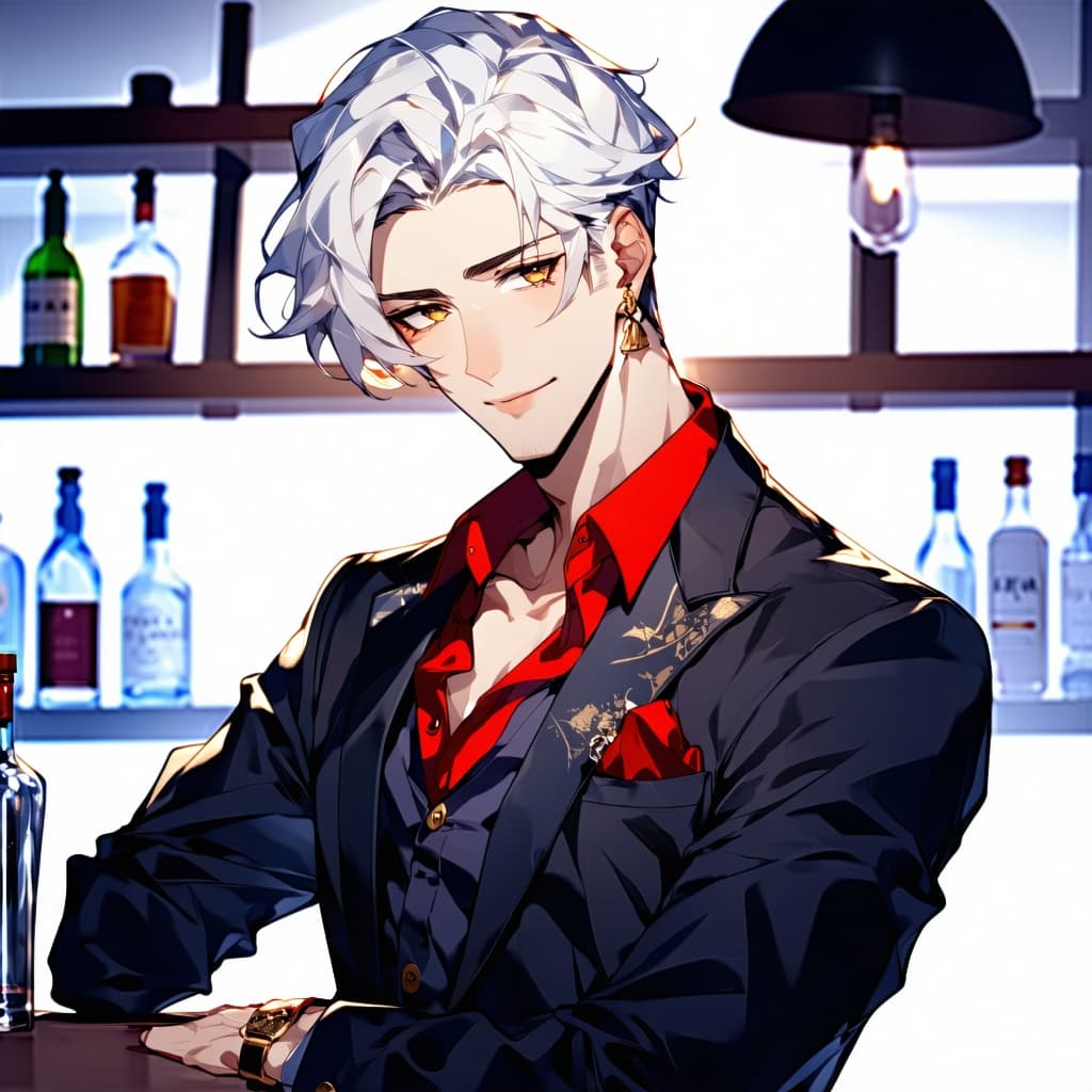 AI generated:  anime male bartender in a black suit with a red shirt, with korean hairstyle, ilya kuvshinov style,...