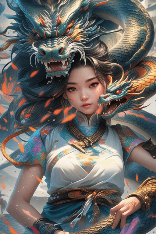 AI generated: showcase the magnificence of Orochi, colorful masterpiece, 1girl, extremely detailed snake with drag...