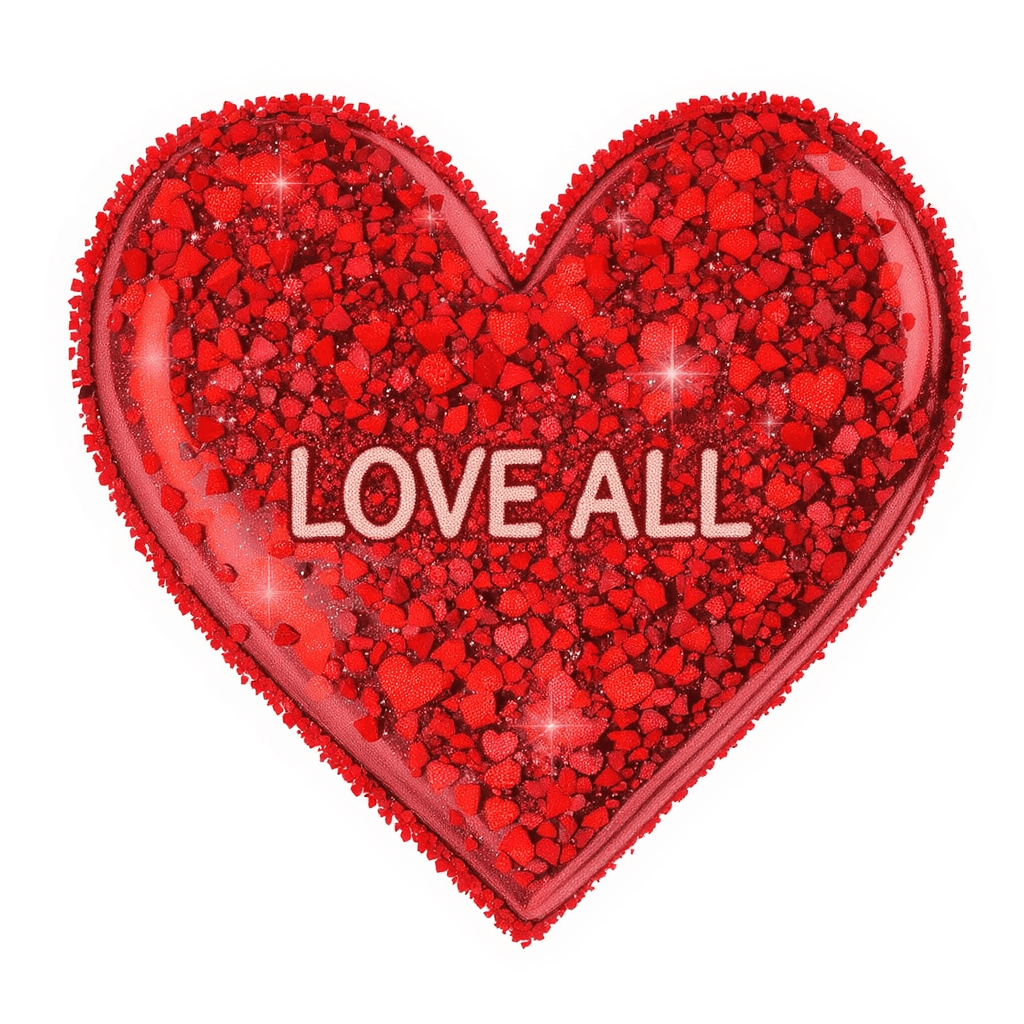 AI generated: highly detailed red glitter heart with 'LOVE ALL' centered inside. Image is isolated on a white back...