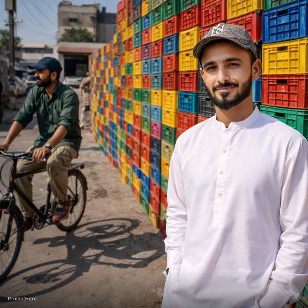 AI generated: contemporary street scene, professional man model with a colorful backdrop of stacked crate, street ...