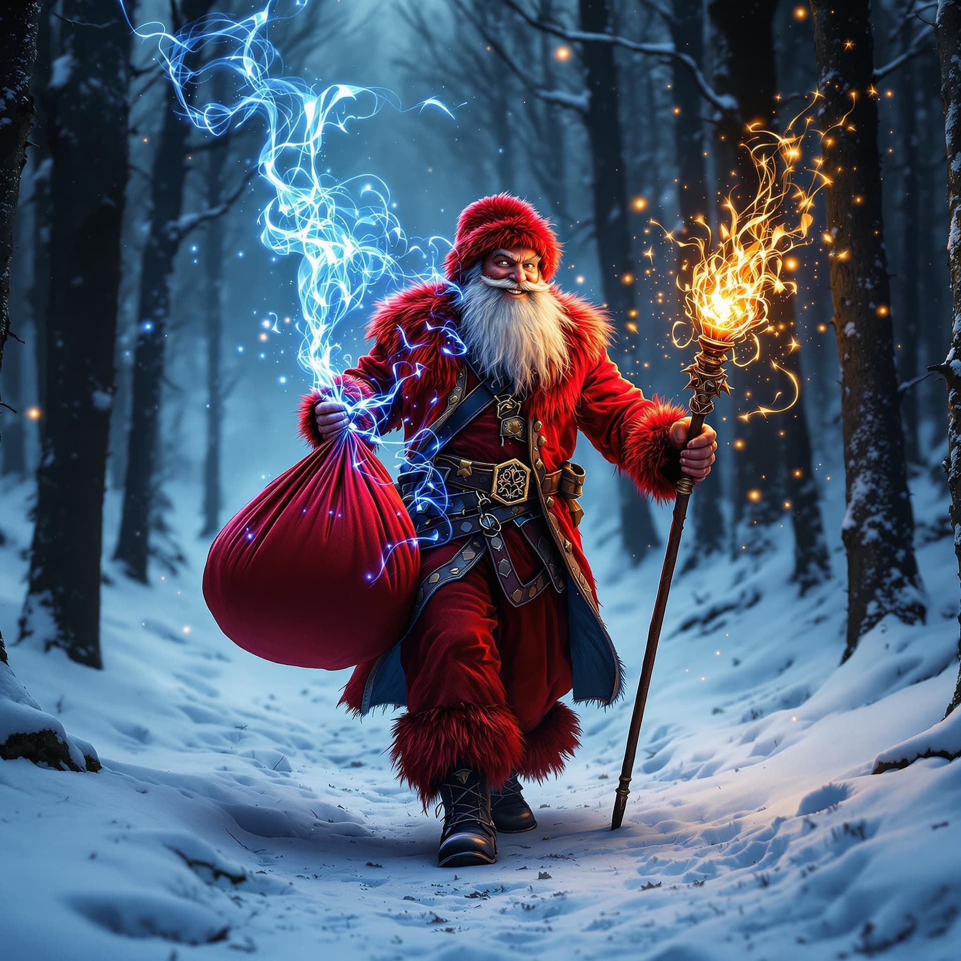 AI generated: movie poster, smiling kind russian uncle frost wearing red rocker clothes is depicted in an action p...
