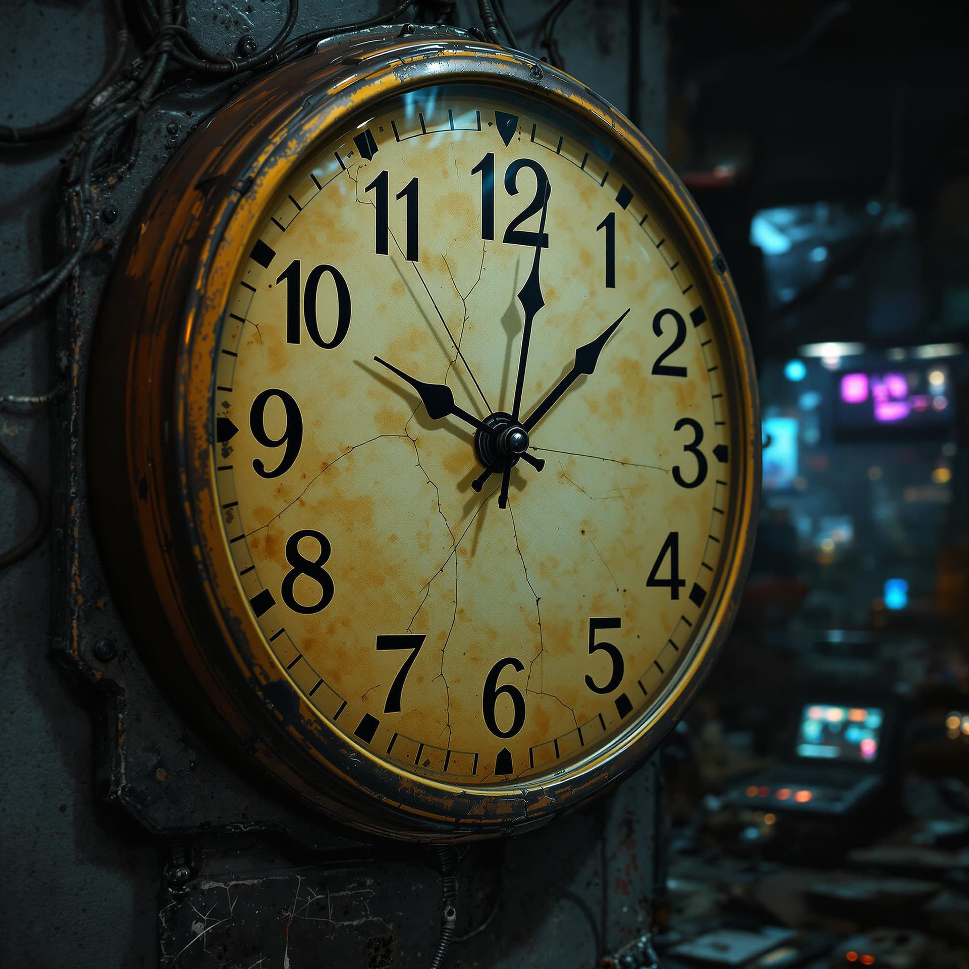AI generated: Hyper-realistic close-up of an old wall clock hanging in Raj’s dimly lit lab. The clock, a dust-cove...
