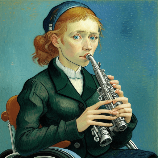 AI generated: young woman, self portrait, playing clarinet, wheelchair, van gogh
