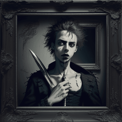 AI generated: create image of a young man stabs a pen in himself .the image is a wall painting in wooden frame dir...