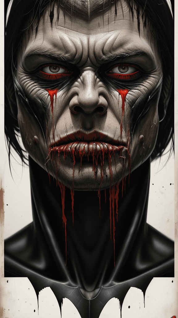 AI generated: Large COMIC border all round portrait 16k uhd poster of the EVIL VANQUISHED BATMAN, extremely detail...