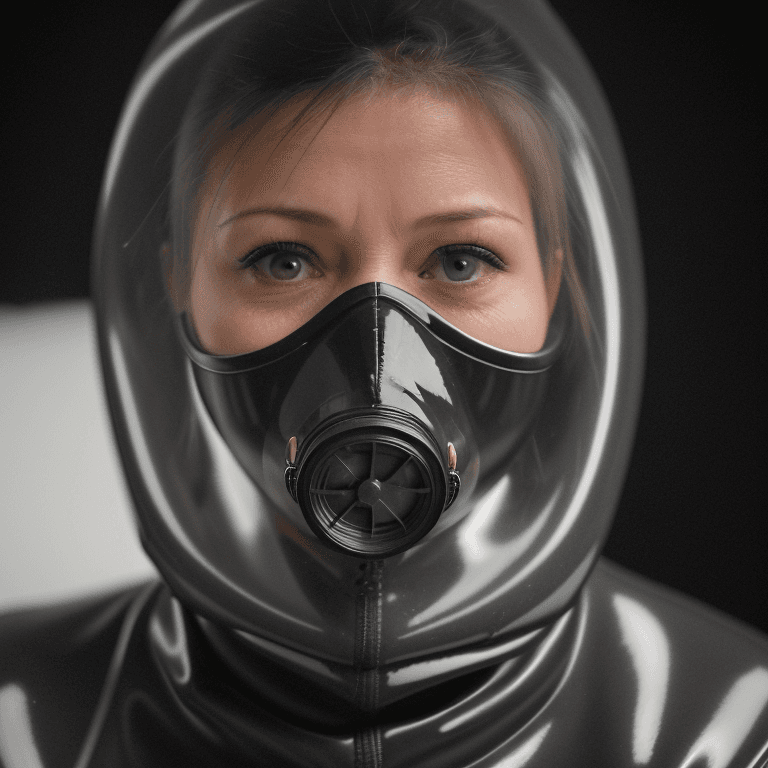AI generated: hyper realistic headshot photo of a 40 year old woman, wearing a latex gas mask, a latex suit with l...