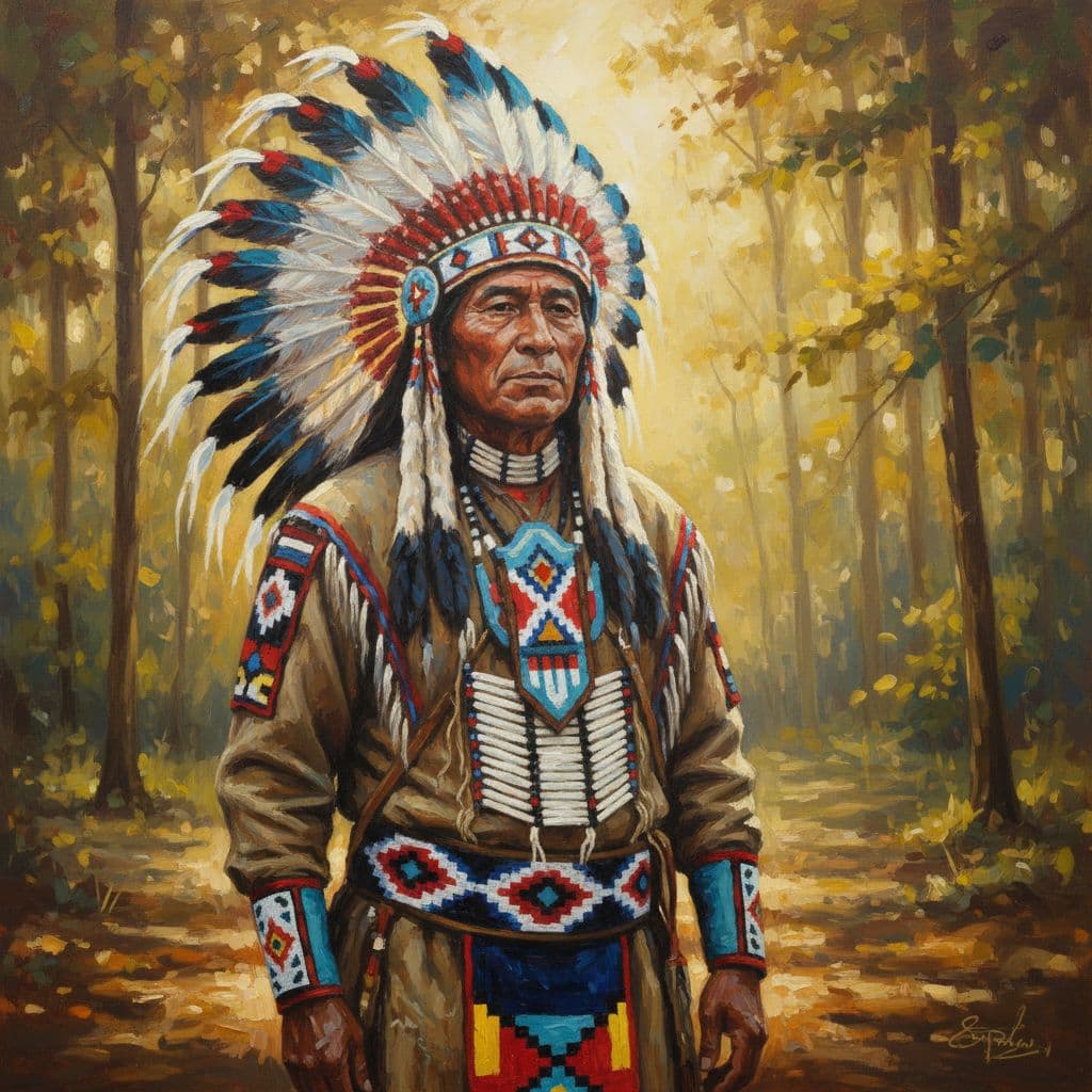 AI generated: A vibrant acrylic painting featuring a Choctaw Indian Chief standing proudly, dressed in full ceremo...