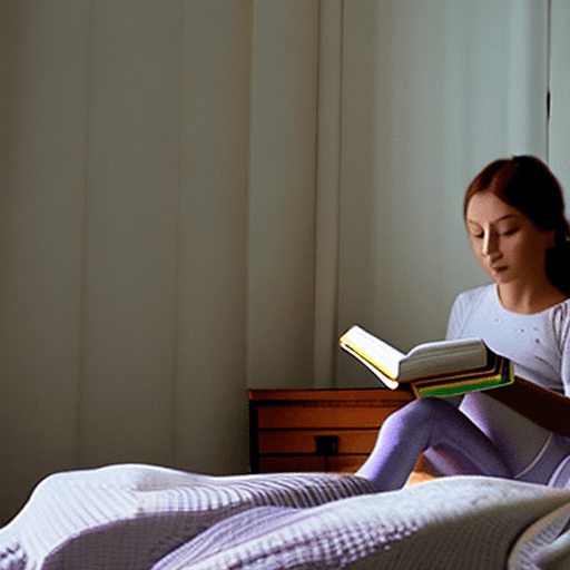 AI generated: A girl is sitting on the bed, reading a book, a stack of books next to the bed, high detail, 8k