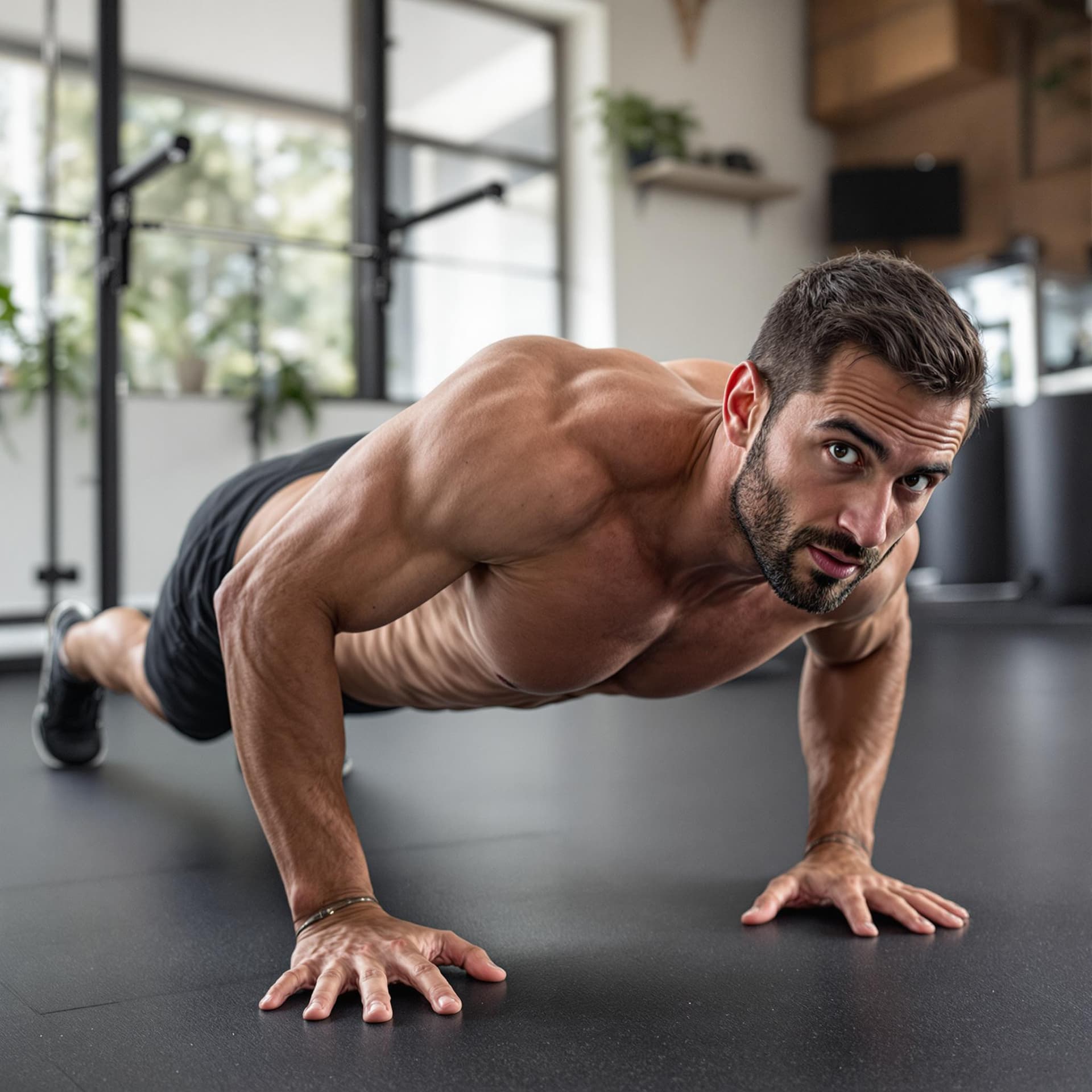 AI generated: man doing push up exercise while looking at camera