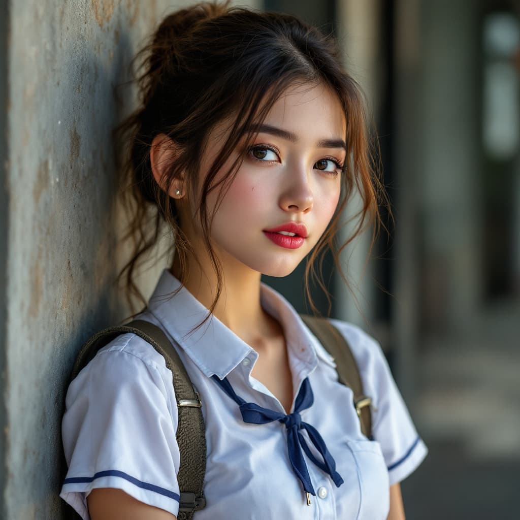 AI generated:  female,18years in school uniform, very fit body,