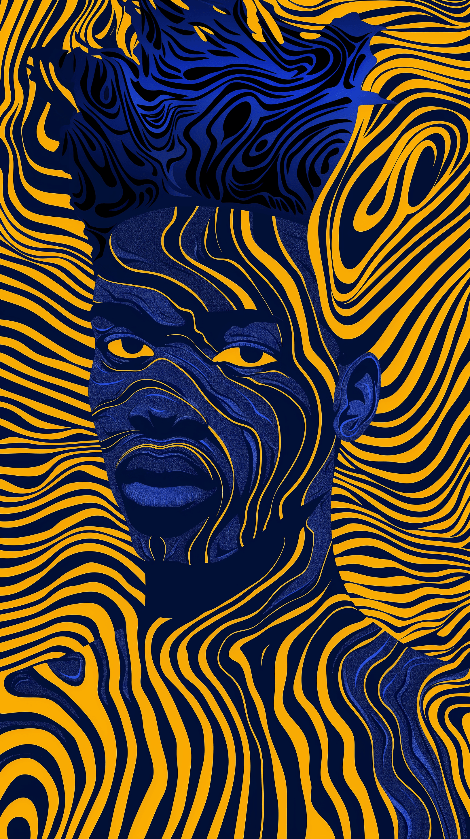 AI generated: illustration art, upper-body, black man, gaze, yellow eye, simplify, consisting of black and yellow ...