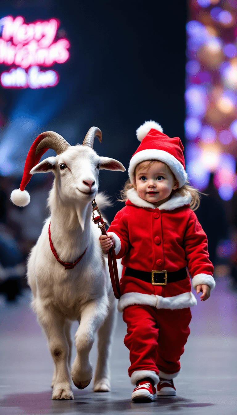 AI generated: A baby girl dressed in santa claus pajamas leads a pet manga white goat on a leash while walking at ...