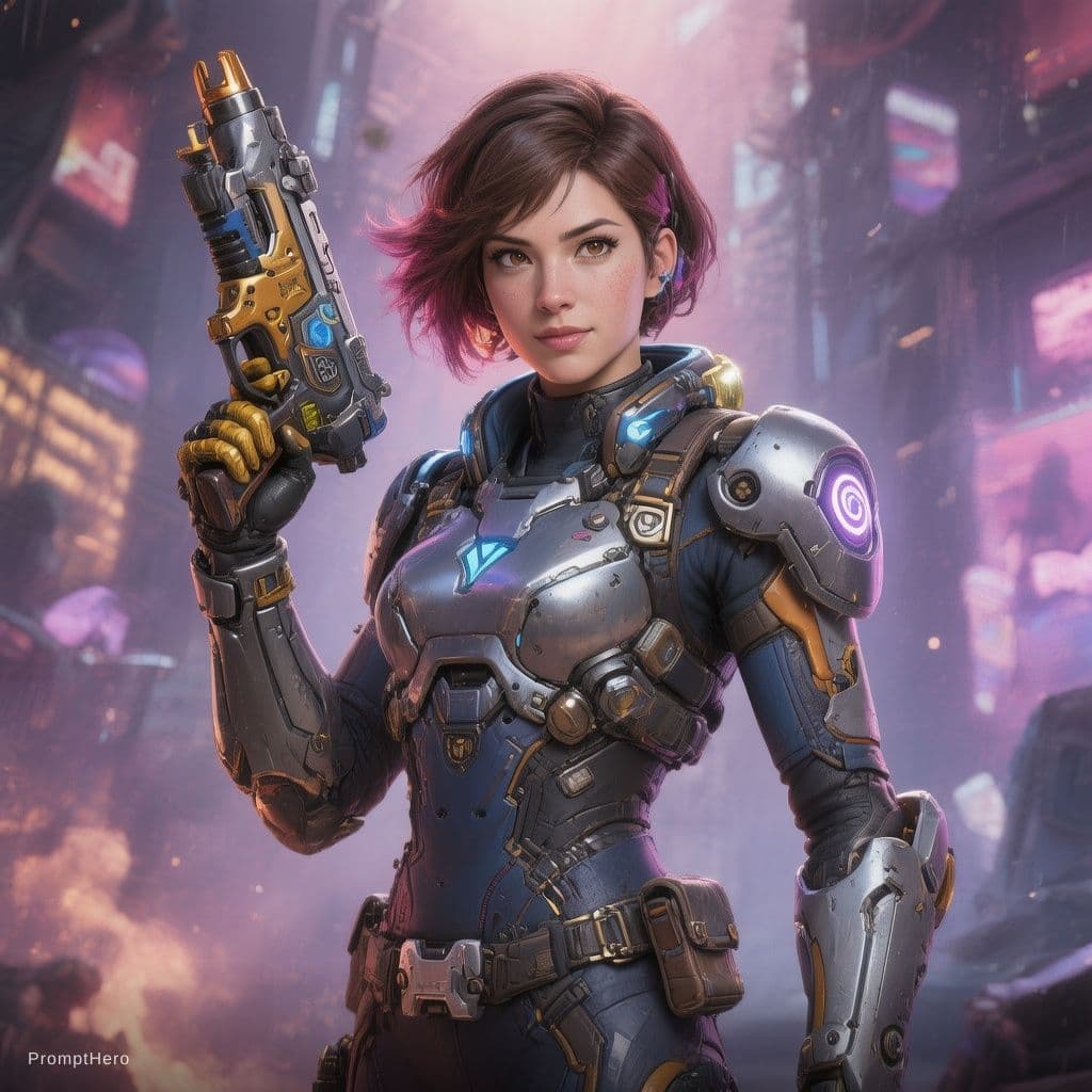 AI generated: d.va de overwathc com uma arma 