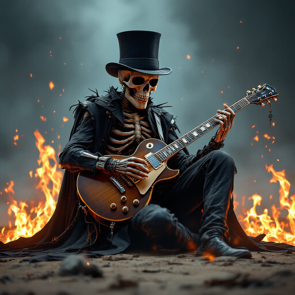 AI generated: skull sitting playing an electric guitar flames, desert, fog, top hat, face, death fog background, h...