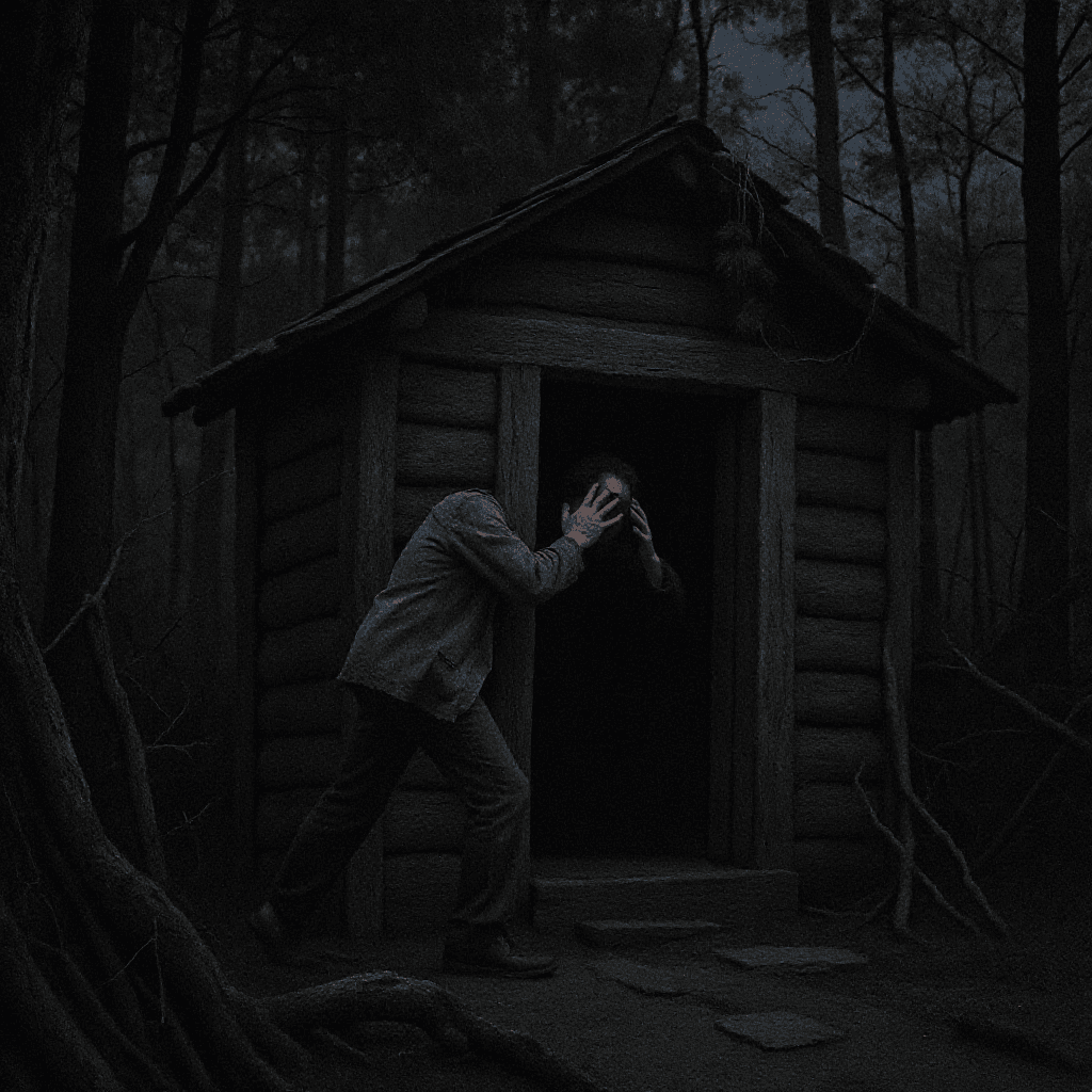 AI generated: mysterious shack with a person reacting to in make the persons face dramatic
