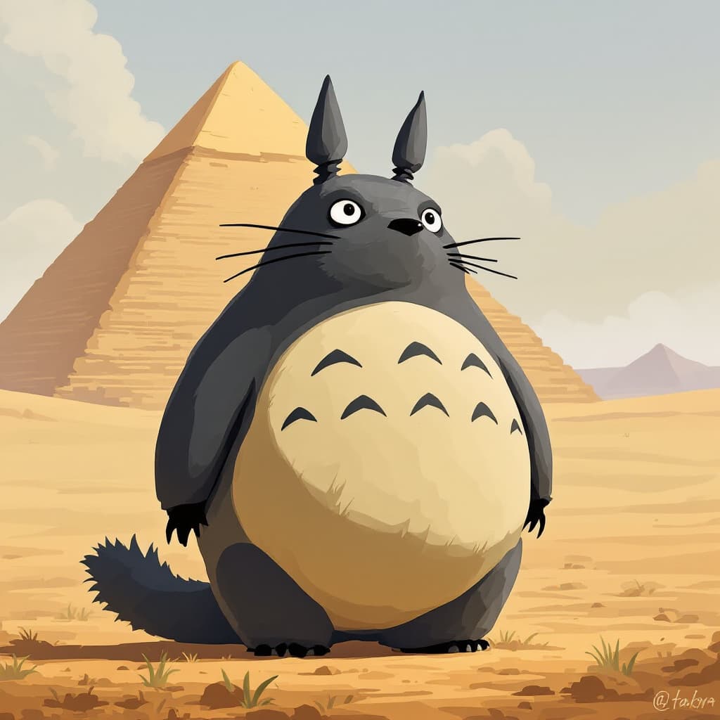 AI generated: Totoro at Giza --personalize nwnd4j3 --stylize 600