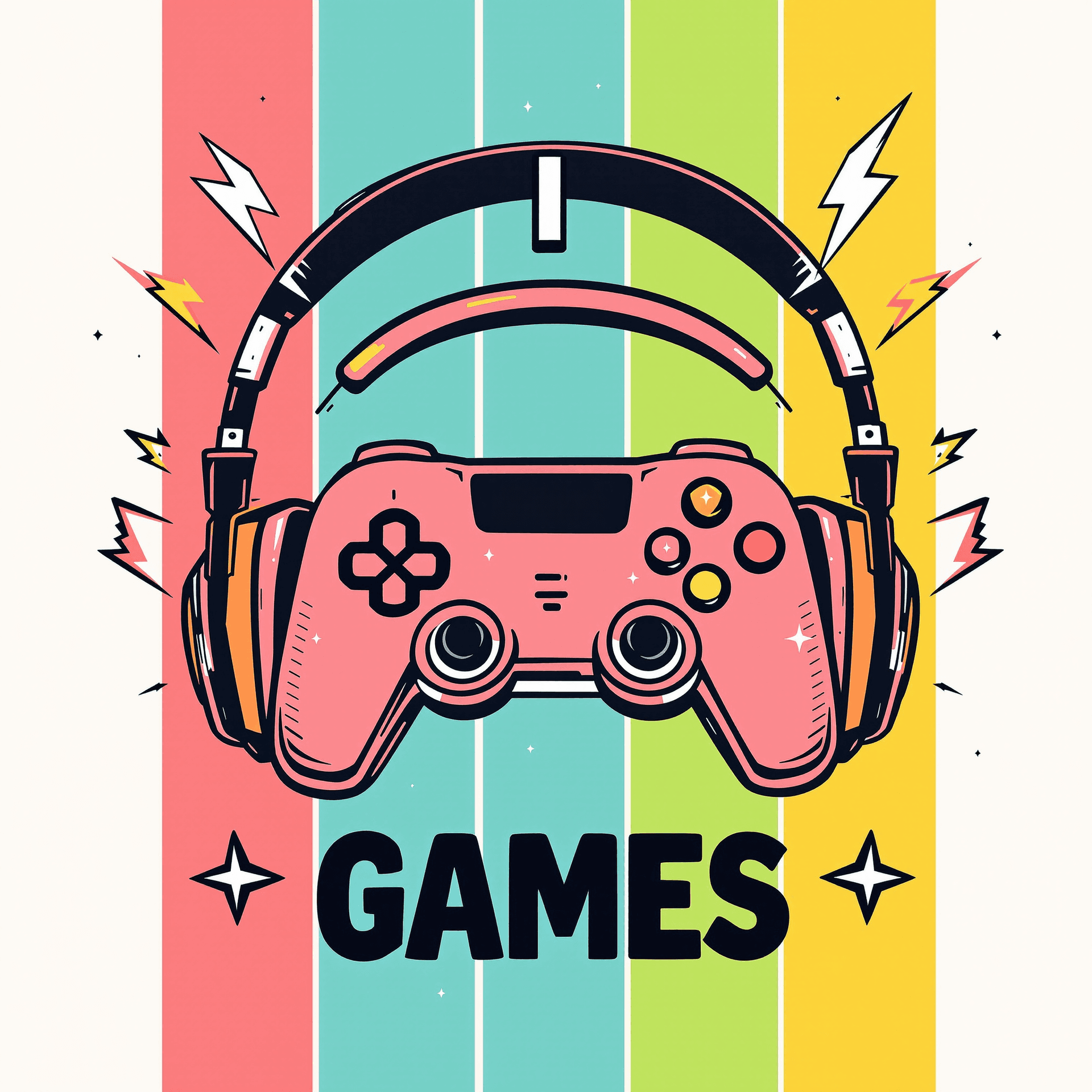 AI generated: Retro graphic design t-shirt print featuring a stylized video game controller and headphones,  bold ...