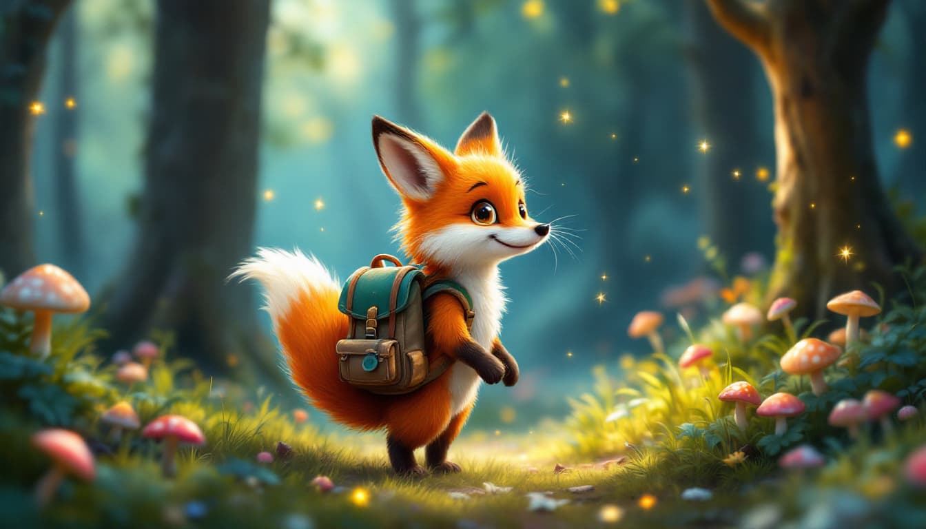 AI generated: A cheerful fox wearing a tiny backpack exploring a magical forest with mushrooms and sparkling firef...