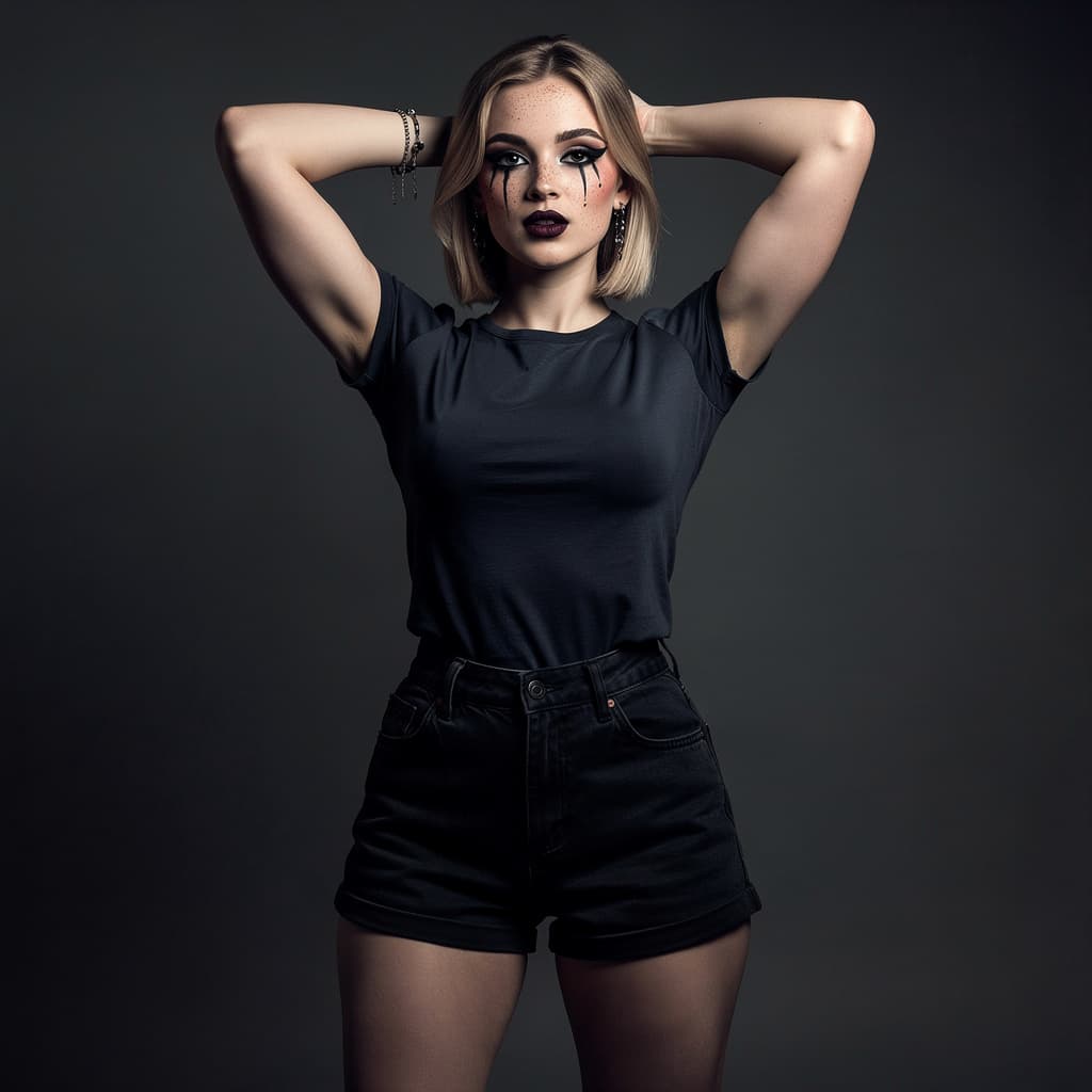 AI generated: 1girl, ((Kaitlyn Krems)), beautiful charismatic girl, ((standing, arms behind head)). thick eyebrows...