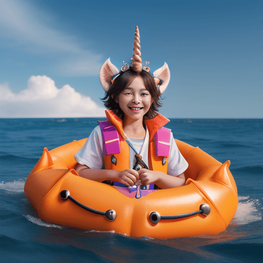 AI generated: unicorn of the sea, lifejacket, smile, crown on head, single long tusk.
