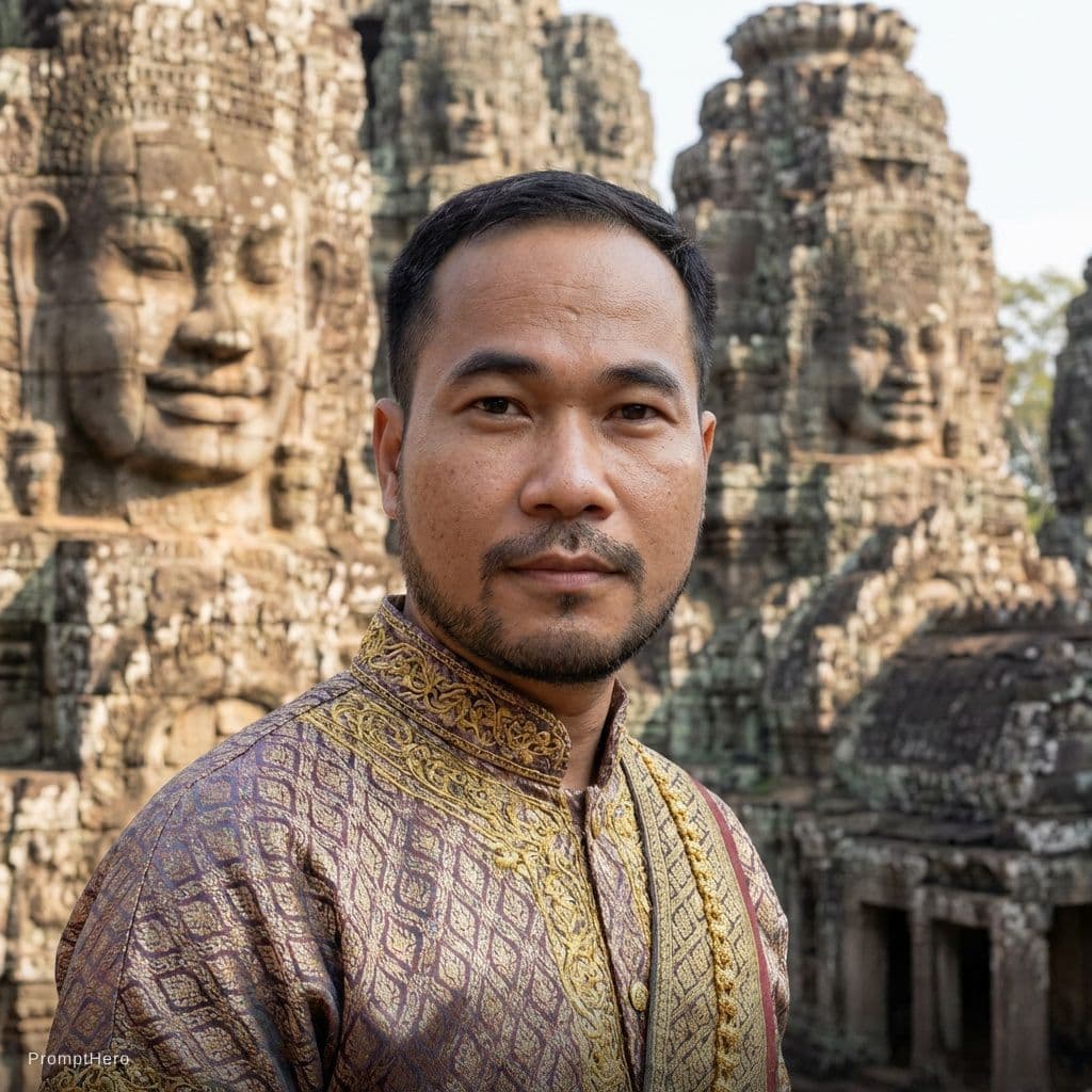 AI generated: Make my hair become shorter 
Wearing KHMER MEN TRADITIONAL CLOTHING 
STANDING IN FRONT OF THE BAYON ...
