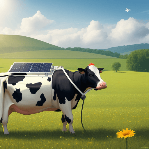 AI generated: A happy cow in a field with a solar panel strapped to its back, 64k wallpaper style