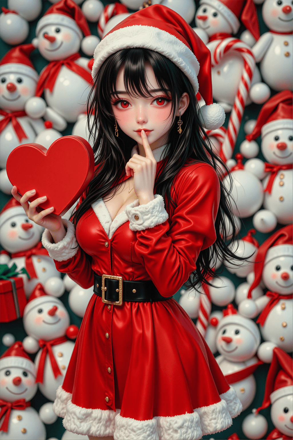 AI generated: A vertical anime illustration of a cute woman with long straight black hair and red eyes, dressed in...
