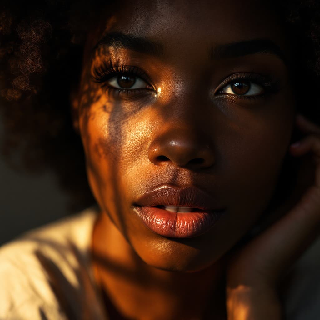AI generated: A hyper-realistic portrait of an Afro-American woman in deep thought, her face illuminated by soft, ...