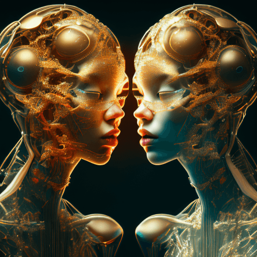 AI generated: mdjrny-v4 style, two lovers, as neural networks, facing each other, forehead-on-forehead contact, st...
