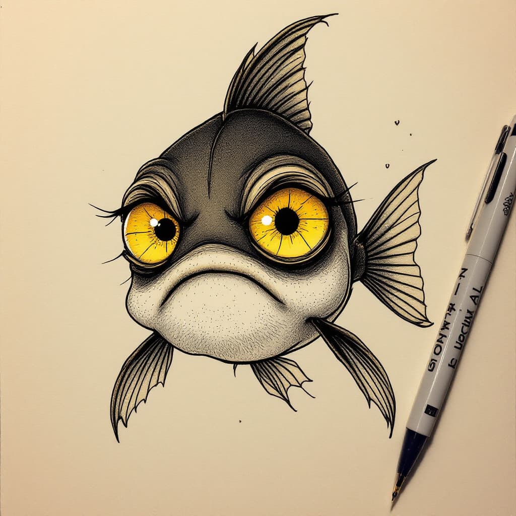 AI generated: pen art, little black fish , melancholic expression, big eyes, complementing his somber yellow eyes,...