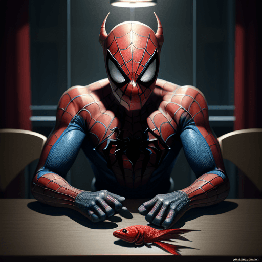 AI generated: Fish devil monster on the table with the design and character of Spiderman The fish is gold and Red ...