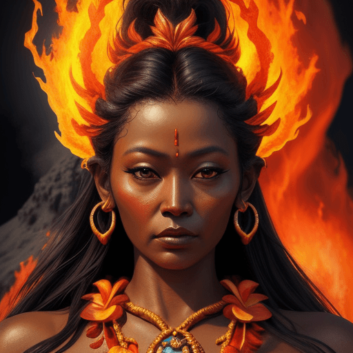 AI generated: Goddess close-up portrait of Pele, a Hawaiian goddess of fire standing in a volcano 