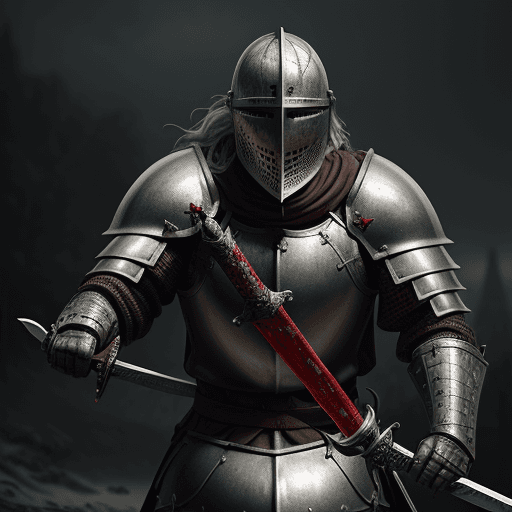 AI generated: a medieval knight, battle field, blood, long sword, very detailed, rendered in octane, close up, den...